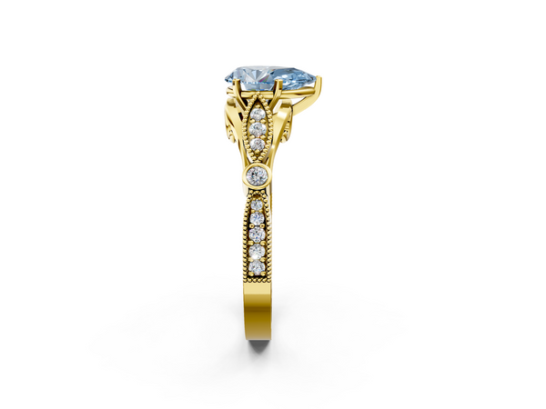 Yellow gold Fancy Blue Pear  Cut Diamond with Milgrain Marquise and Bezel Accents on a Solitaire Band with Prong Setting