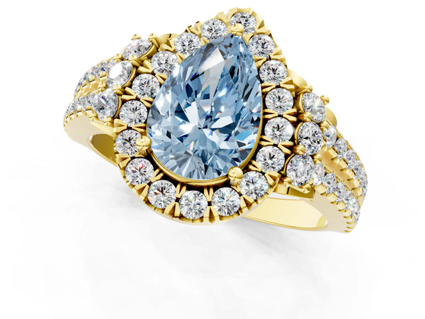 Yellow gold Fancy Blue Pear  Cut Double Halo Diamond Engagement Ring with Pave Band and Four-Prong Setting