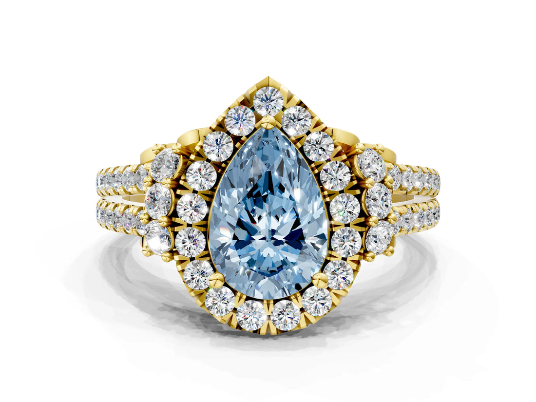 Yellow gold Fancy Blue Pear  Cut Double Halo Diamond Engagement Ring with Pave Band and Four-Prong Setting
