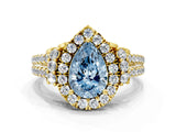 Yellow gold Fancy Blue Pear  Cut Double Halo Diamond Engagement Ring with Pave Band and Four-Prong Setting