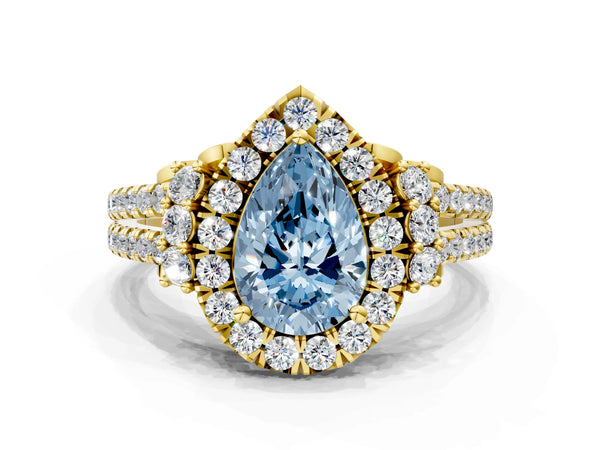 Yellow gold Fancy Blue Pear  Cut Double Halo Diamond Engagement Ring with Pave Band and Four-Prong Setting