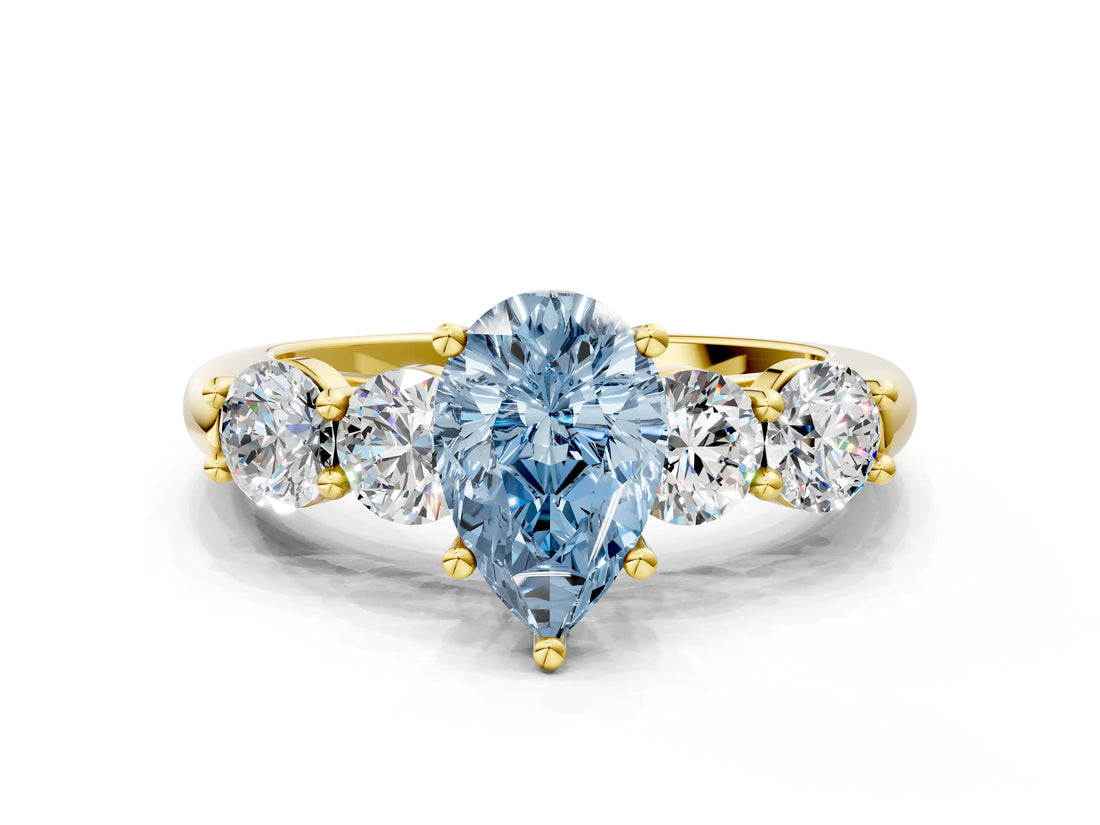 Yellow gold Fancy Blue Pear  Cut Five-Stone Prong Set Diamond Ring with Classic Band_33