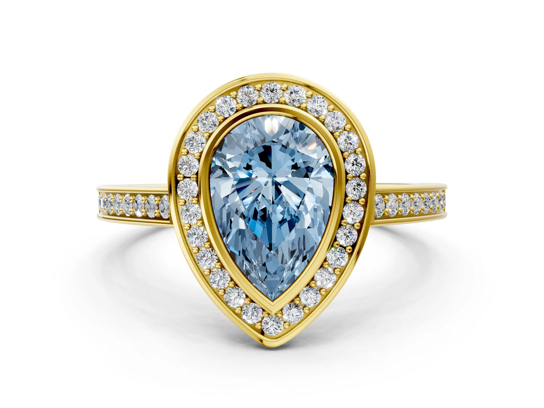 Yellow gold Fancy Blue Pear Cut Halo Bezel Diamond Pave Band Ring