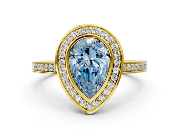 Yellow gold Fancy Blue Pear Cut Halo Bezel Diamond Pave Band Ring