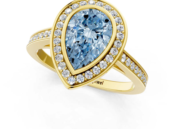 Yellow gold Fancy Blue Pear Cut Halo Bezel Diamond Pave Band Ring