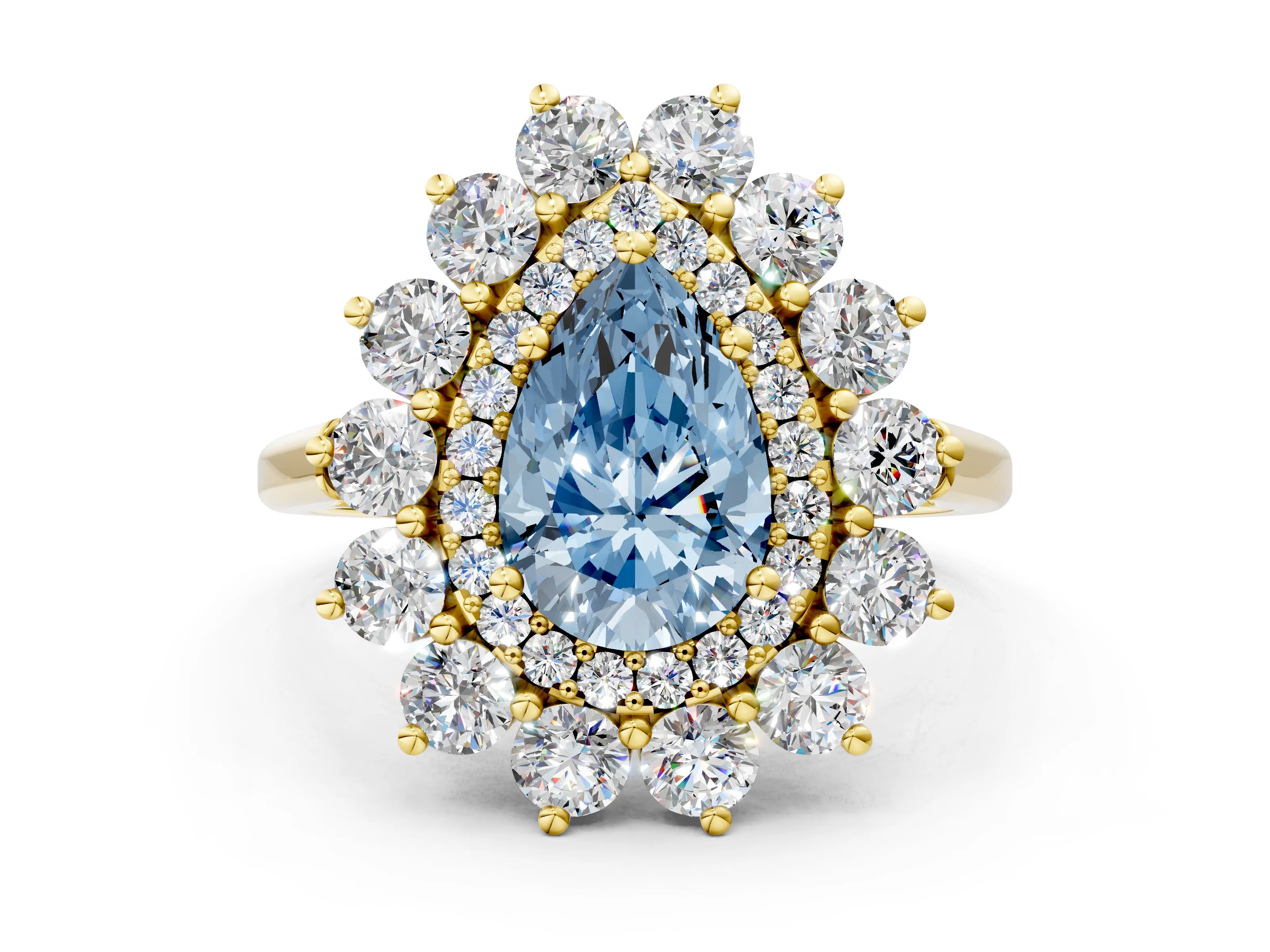 Yellow gold Fancy Blue Pear Cut Halo Cluster Diamond Ring with Pave Band and Four-Prong Setting