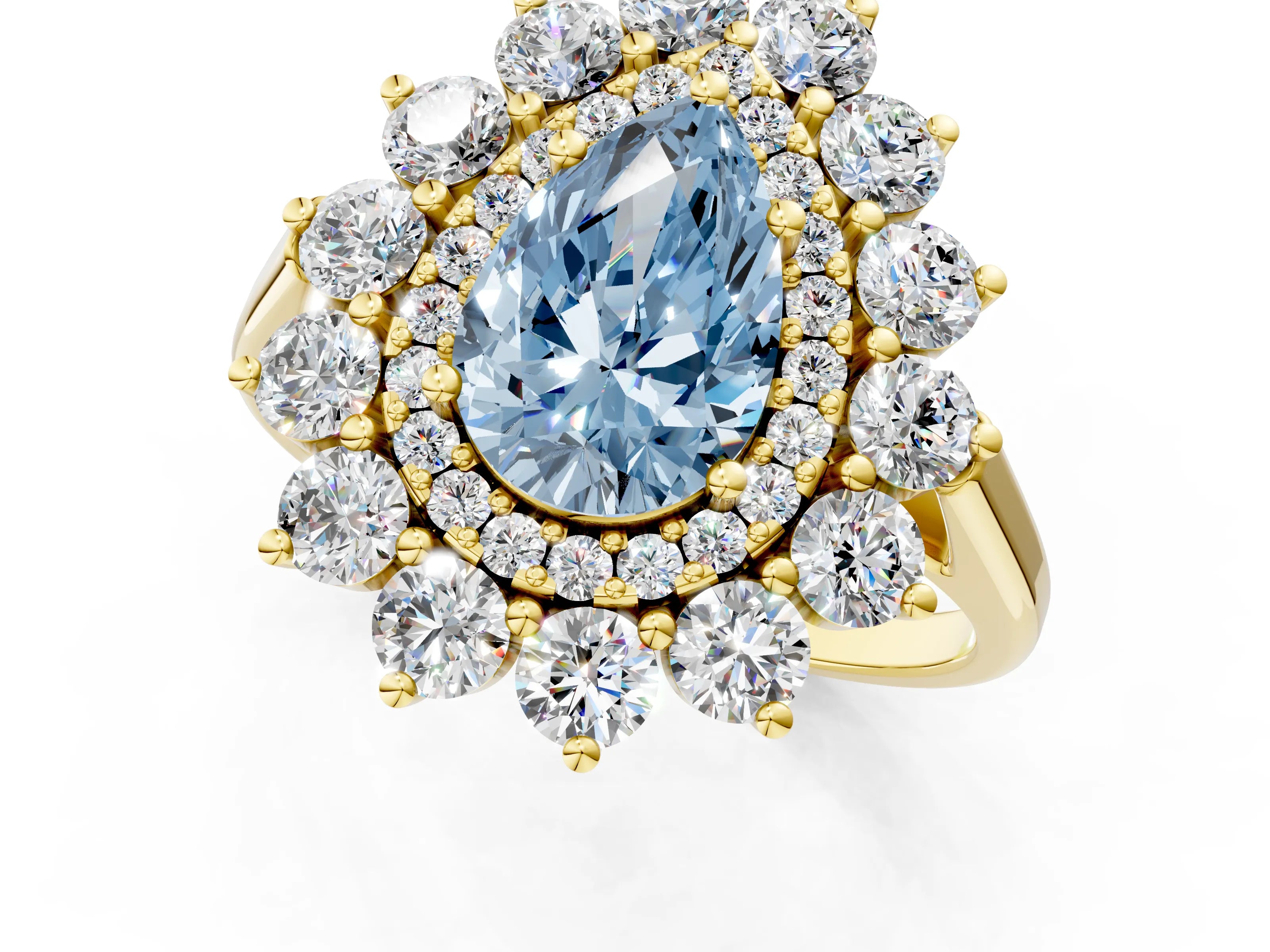 Yellow gold Fancy Blue Pear Cut Halo Cluster Diamond Ring with Pave Band and Four-Prong Setting_1