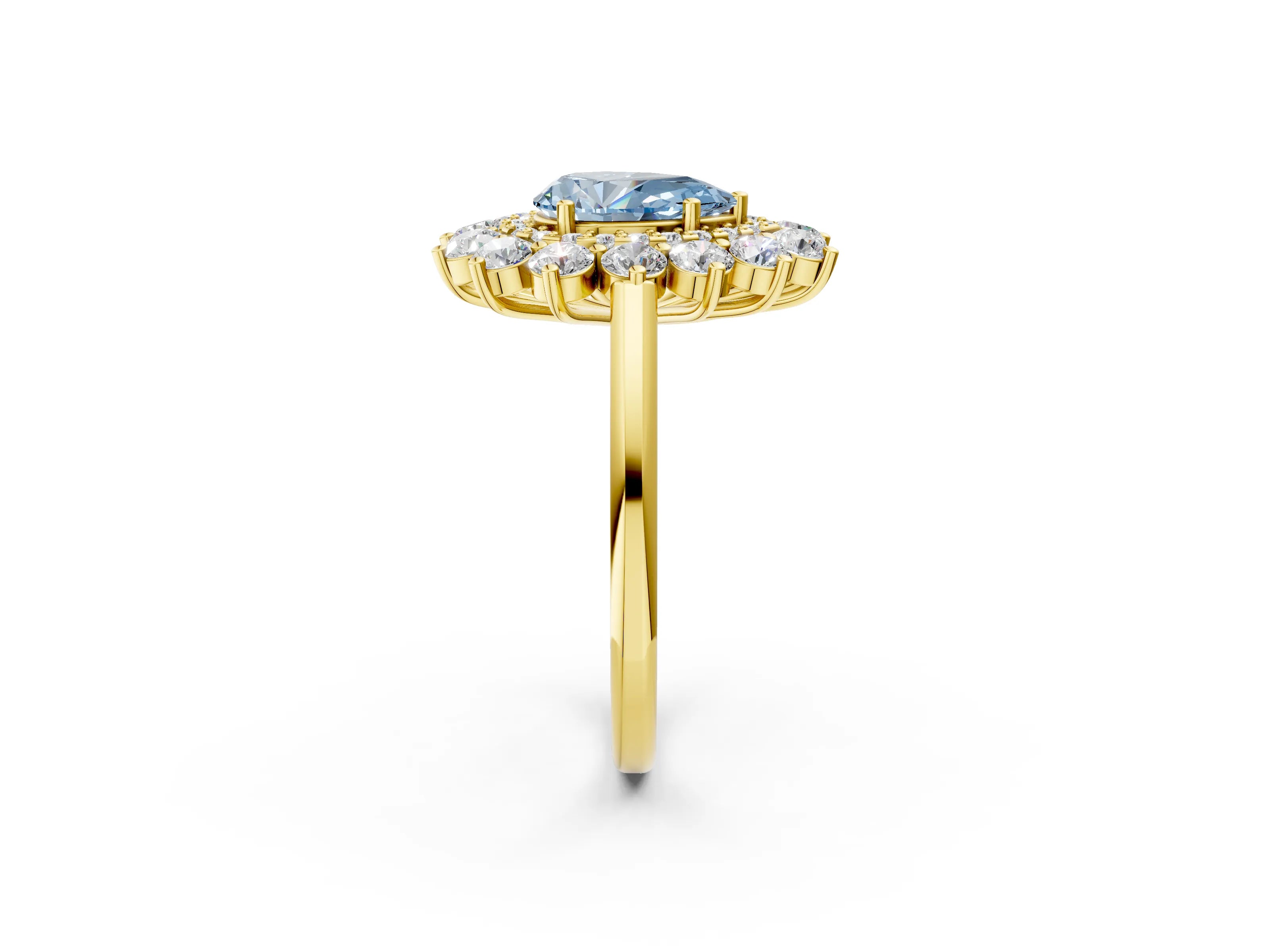 Yellow gold Fancy Blue Pear Cut Halo Cluster Diamond Ring with Pave Band and Four-Prong Setting_2