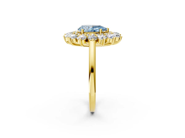 Yellow gold Fancy Blue Pear Cut Halo Cluster Diamond Ring with Pave Band and Four-Prong Setting