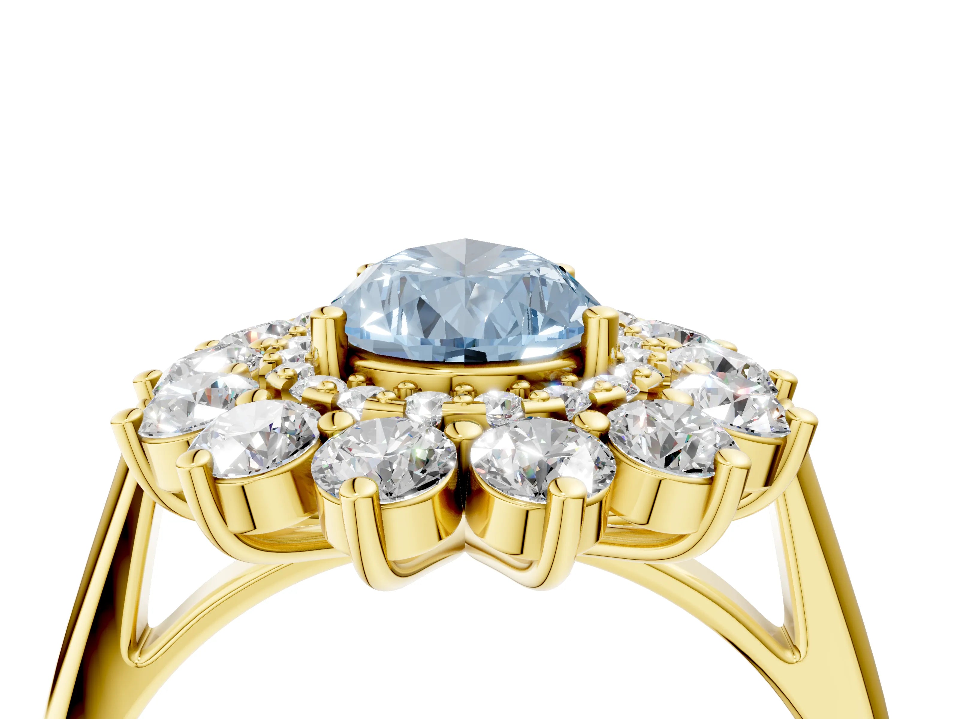 Yellow gold Fancy Blue Pear Cut Halo Cluster Diamond Ring with Pave Band and Four-Prong Setting_4