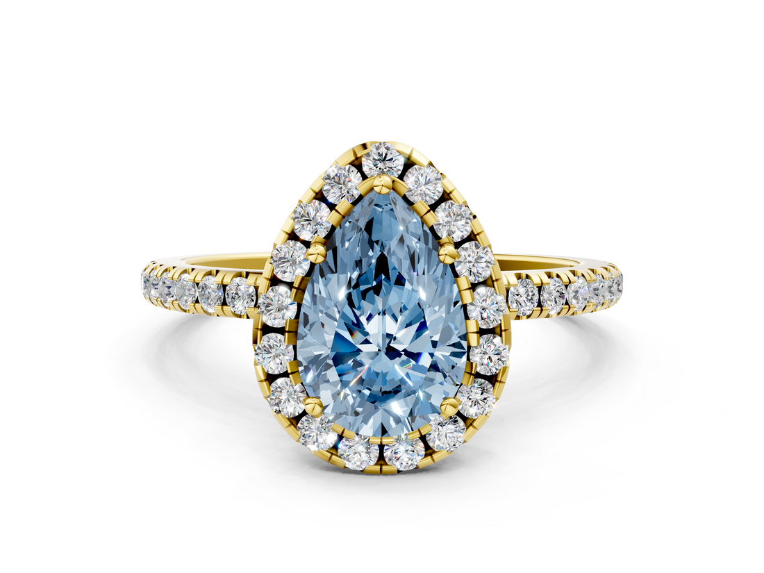 Yellow gold Fancy Blue Pear  Cut Halo Diamond Engagement Ring with Pave Band and Four-Prong Setting_21