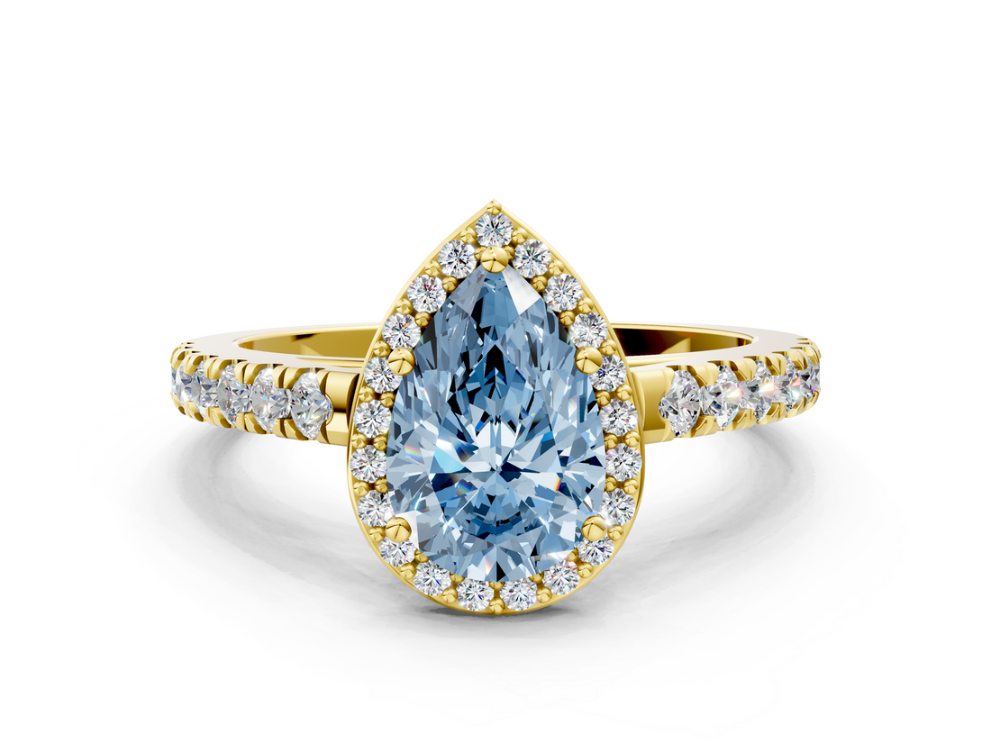 Yellow gold Fancy Blue Pear  Cut Halo Diamond Engagement Ring with Pave Band and Four-Prong Setting_28