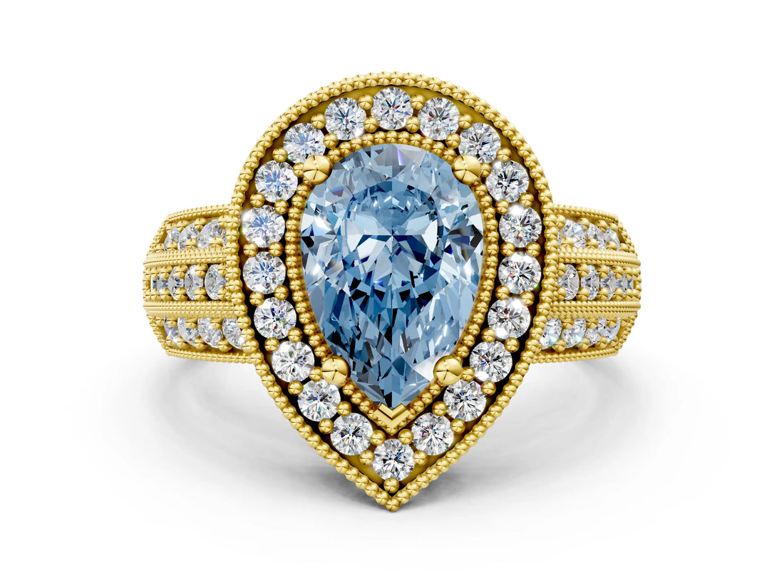 Yellow gold Fancy Blue Pear Cut Halo Diamond Engagement Ring with Pave Split Shank and Four-Prong Setting_12
