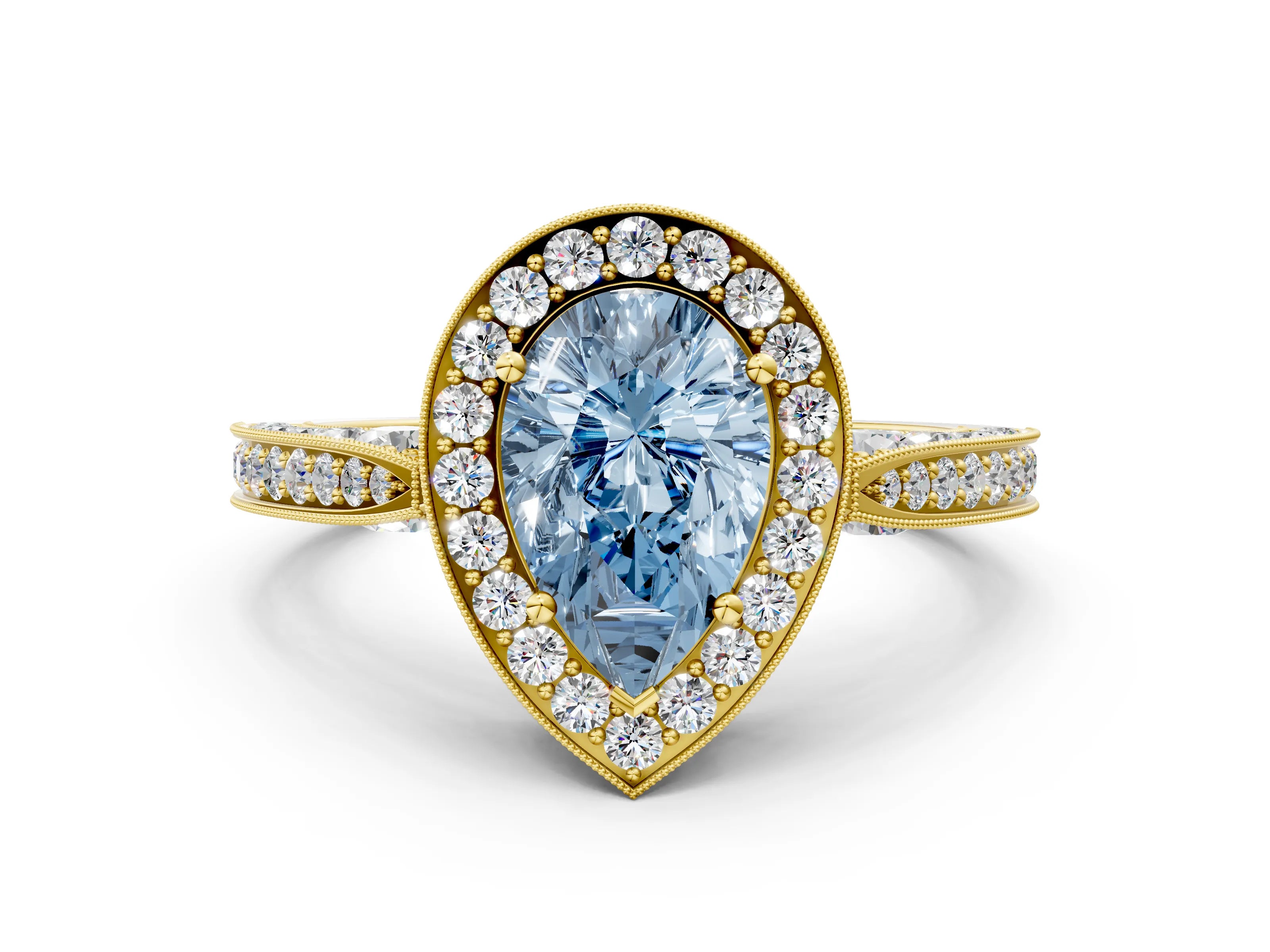 Yellow gold Fancy Blue Pear Cut Halo Diamond Engagement Ring with Split Shank Band and Four-Prong Setting