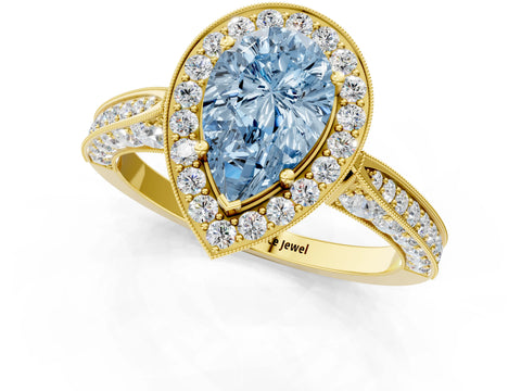 Yellow gold Fancy Blue Pear Cut Halo Diamond Engagement Ring with Split Shank Band and Four-Prong Setting_1