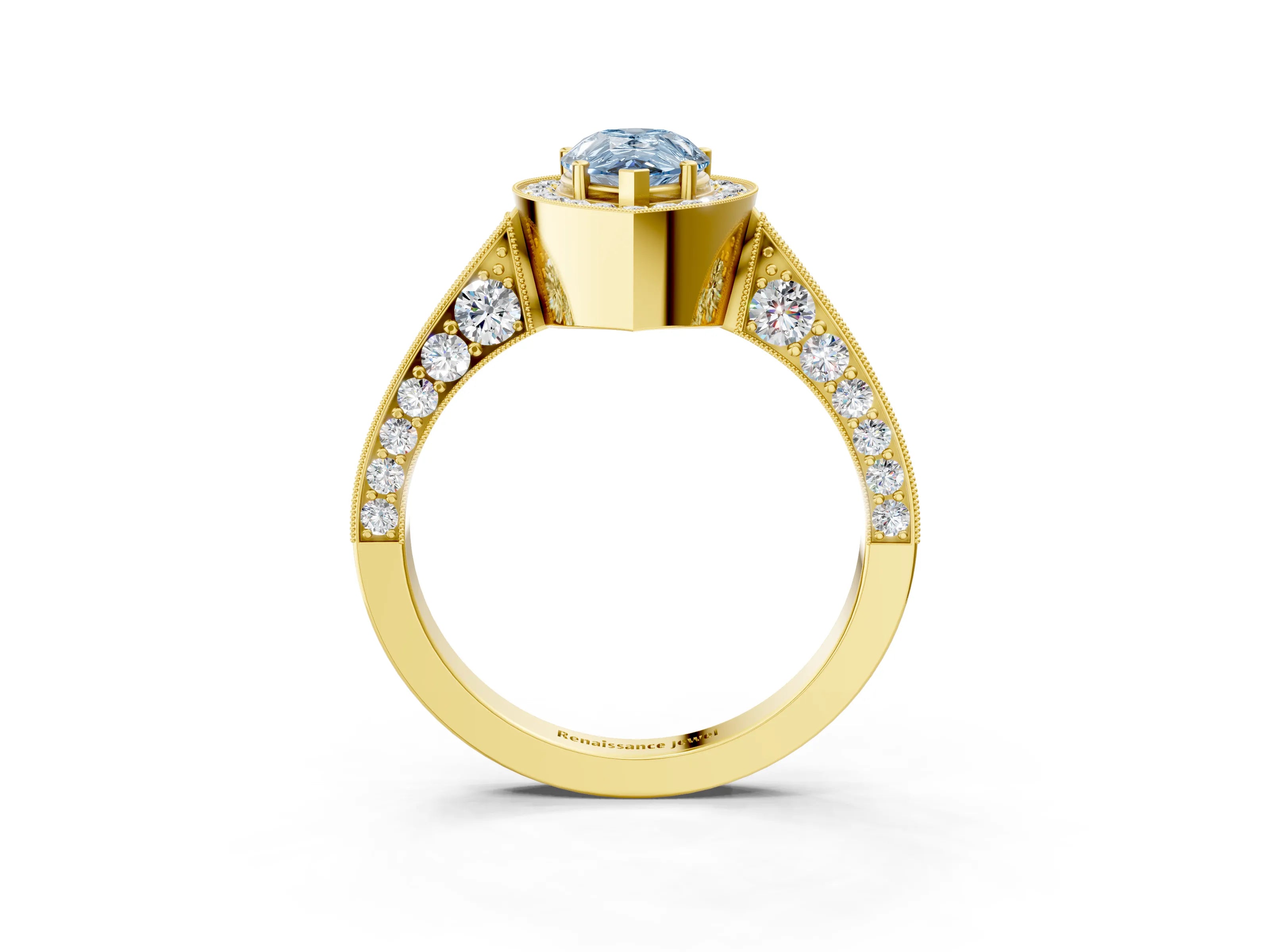 Yellow gold Fancy Blue Pear Cut Halo Diamond Engagement Ring with Split Shank Band and Four-Prong Setting_3