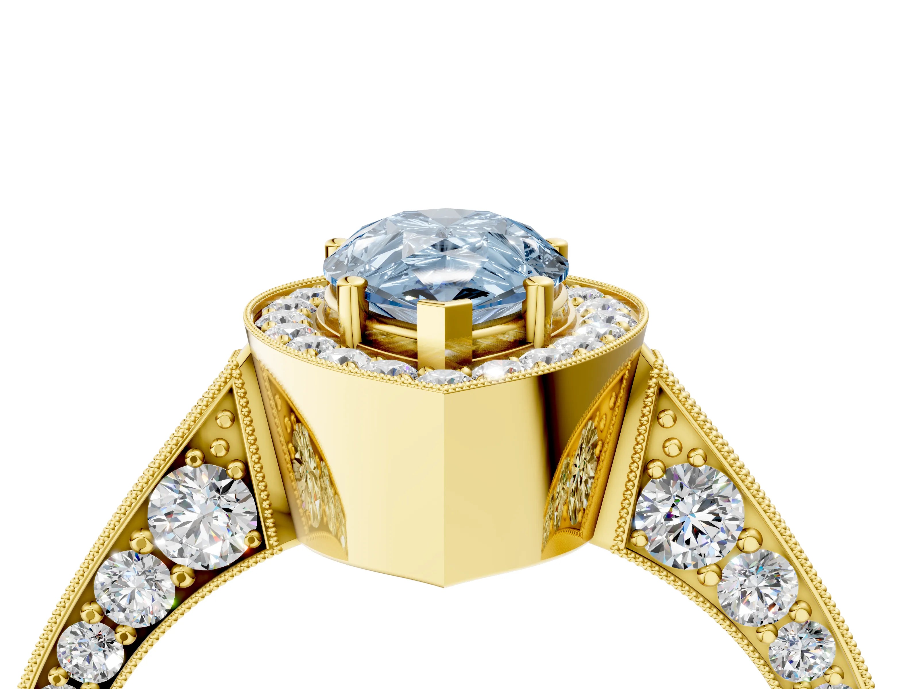 Yellow gold Fancy Blue Pear Cut Halo Diamond Engagement Ring with Split Shank Band and Four-Prong Setting_4