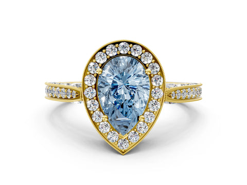 Yellow gold Fancy Blue Pear Cut Halo Diamond Engagement Ring with Split Shank Band and Four-Prong Setting
