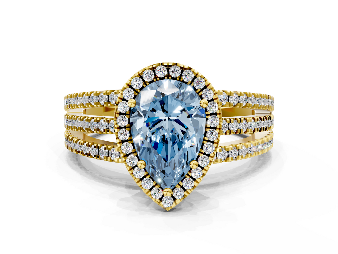 Yellow gold Fancy Blue Pear  Cut Halo Diamond Engagement Ring with Split Shank and Four-Prong Setting_37