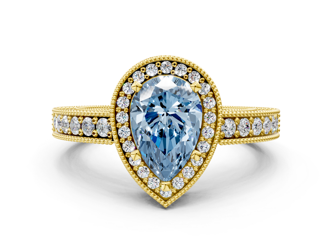 Yellow gold Fancy Blue Pear  Cut Halo Diamond Pave Band Ring with Four-Prong Setting_44