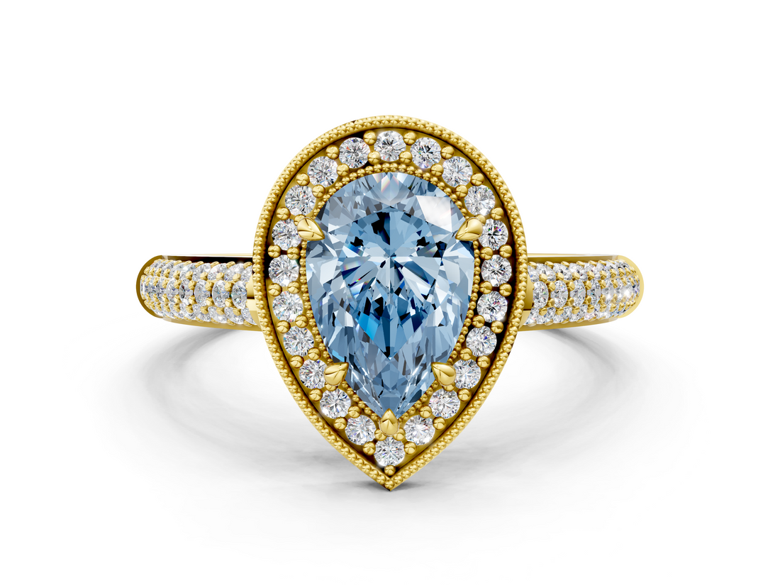 Yellow gold Fancy Blue Pear  Cut Halo Diamond Pave Band with Four-Prong Setting_37