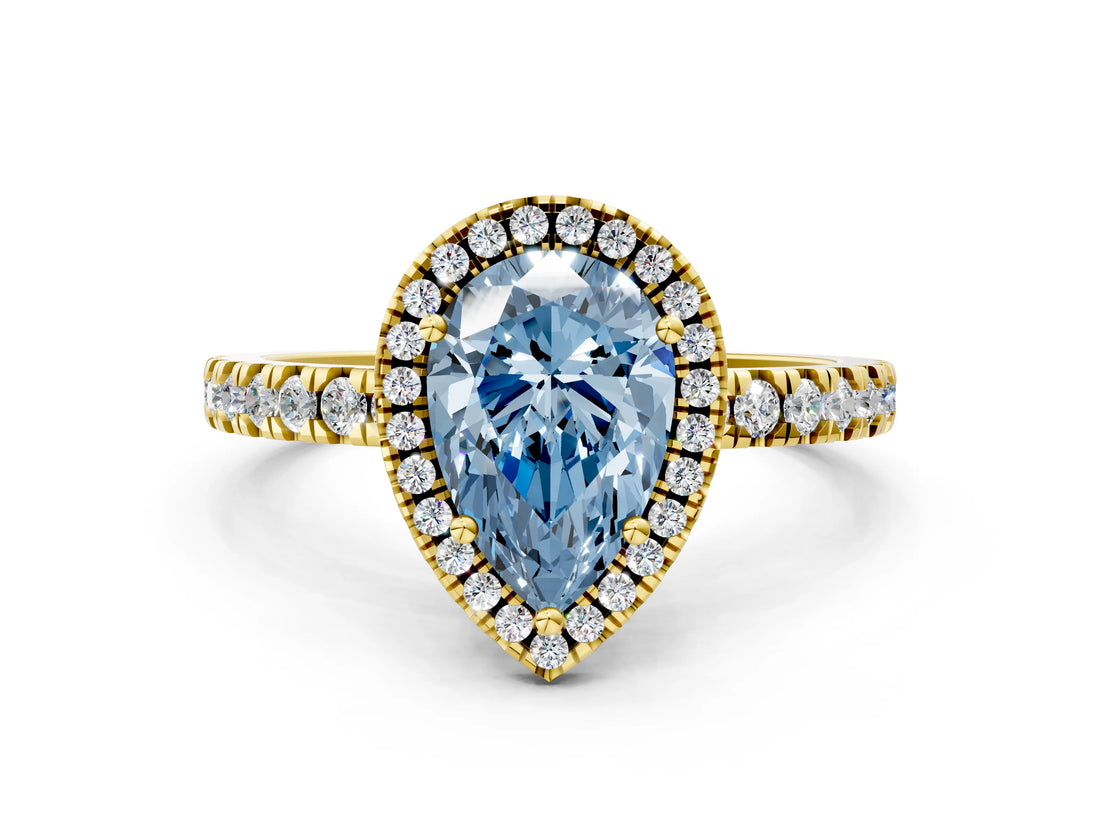 Yellow gold Fancy Blue Pear Cut Halo Diamond Pave Band with Prong Setting