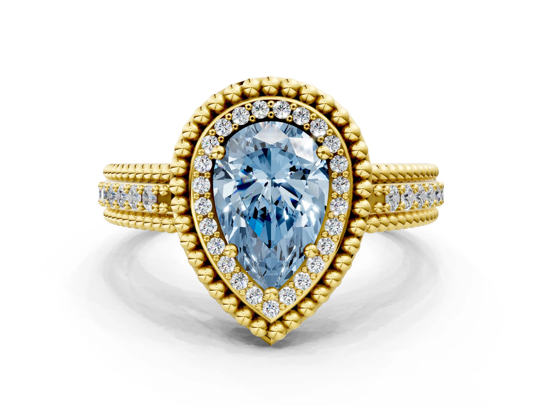 Yellow gold Fancy Blue Pear Cut Halo Diamond Ring with Beaded Split Shank and Four-Prong Setting