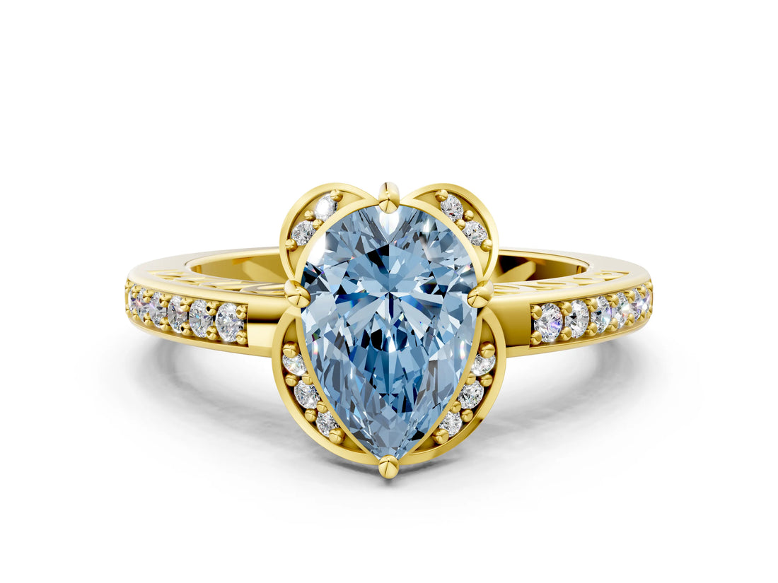 Yellow gold Fancy Blue Pear  Cut Halo Diamond Ring with Channel Set Band and Four-Prong Setting_32