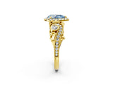 Yellow gold Fancy Blue Pear Cut Halo Diamond Ring with Milgrain and Bezel Accents on a Split Shank Band_14