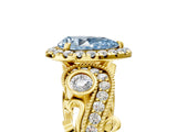 Yellow gold Fancy Blue Pear Cut Halo Diamond Ring with Milgrain and Bezel Accents on a Split Shank Band_17