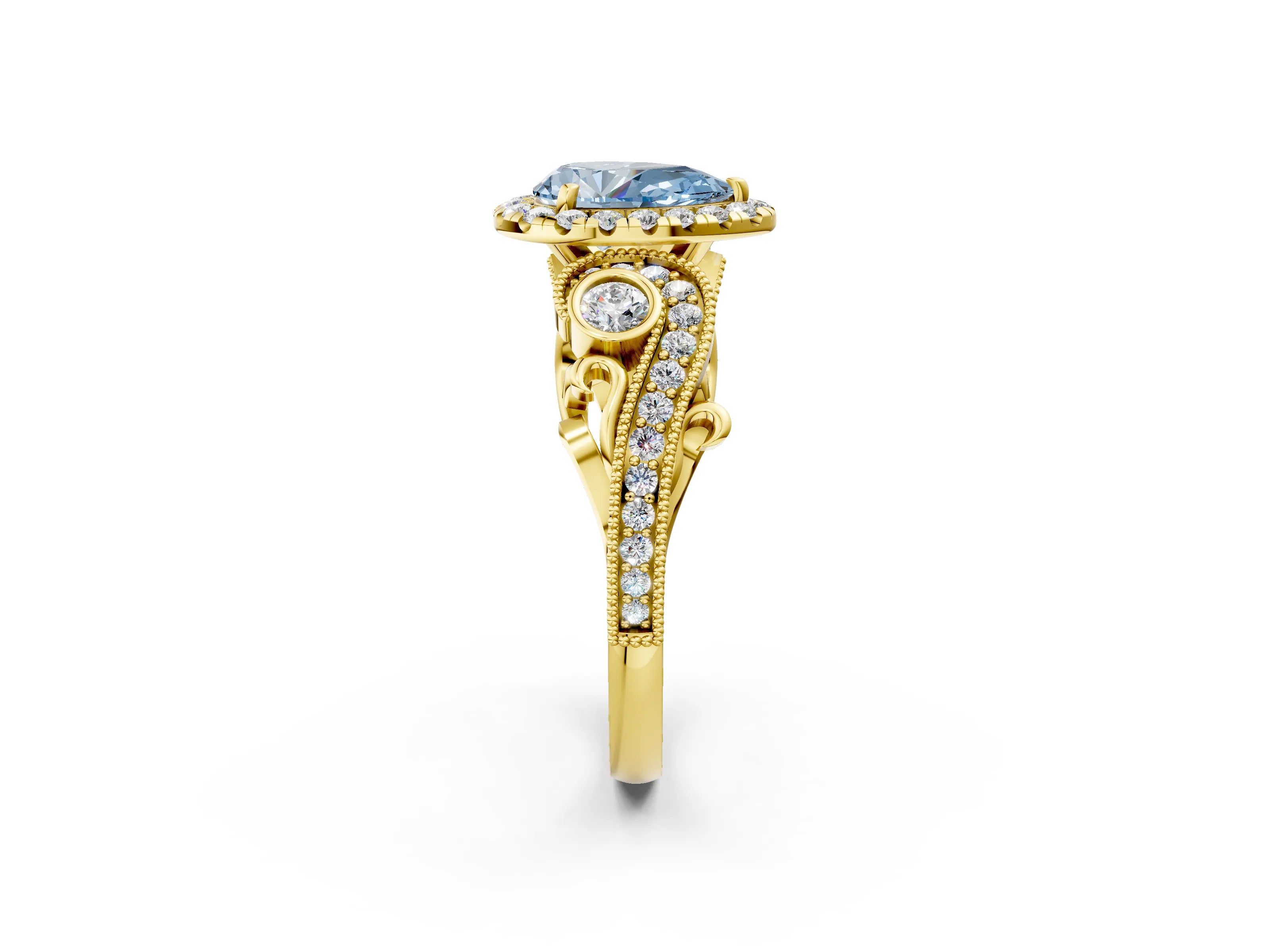 Yellow gold Fancy Blue Pear Cut Halo Diamond Ring with Milgrain and Bezel Accents on a Split Shank Band_2