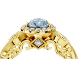 Yellow gold Fancy Blue Pear Cut Halo Diamond Ring with Milgrain and Bezel Accents on a Split Shank Band_28