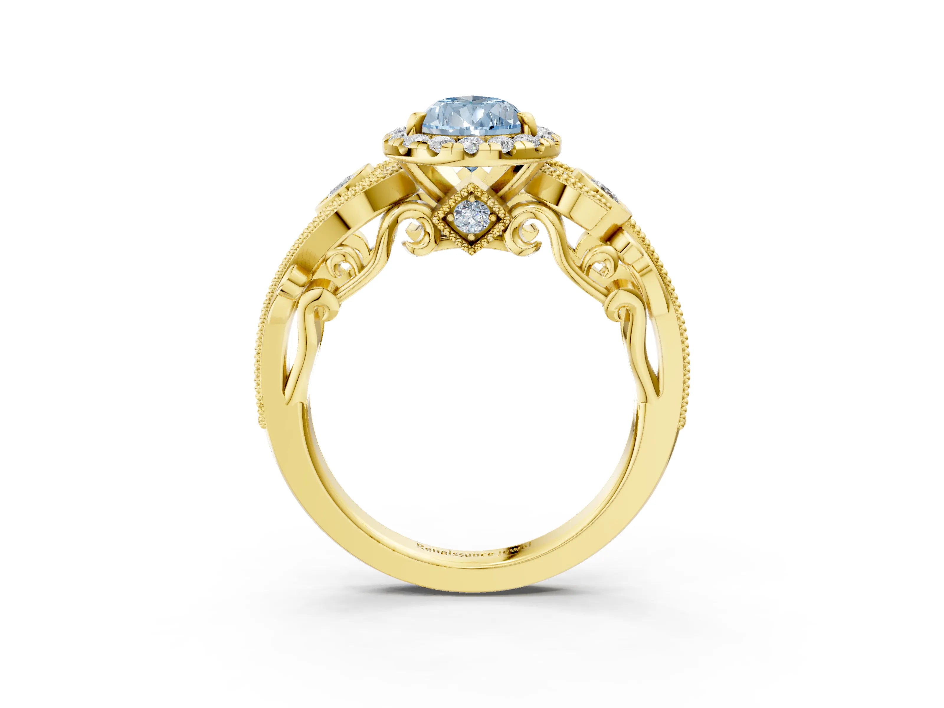 Yellow gold Fancy Blue Pear Cut Halo Diamond Ring with Milgrain and Bezel Accents on a Split Shank Band_3