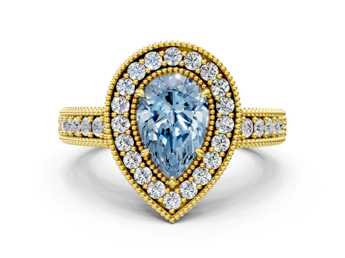 Yellow gold Fancy Blue Pear  Cut Halo Diamond Ring with Pavé Band and Four-Prong Setting_69
