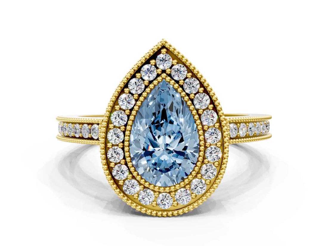 Yellow gold Fancy Blue Pear  Cut Halo Diamond Ring with Pavé Band and Milgrain Prong Setting_55