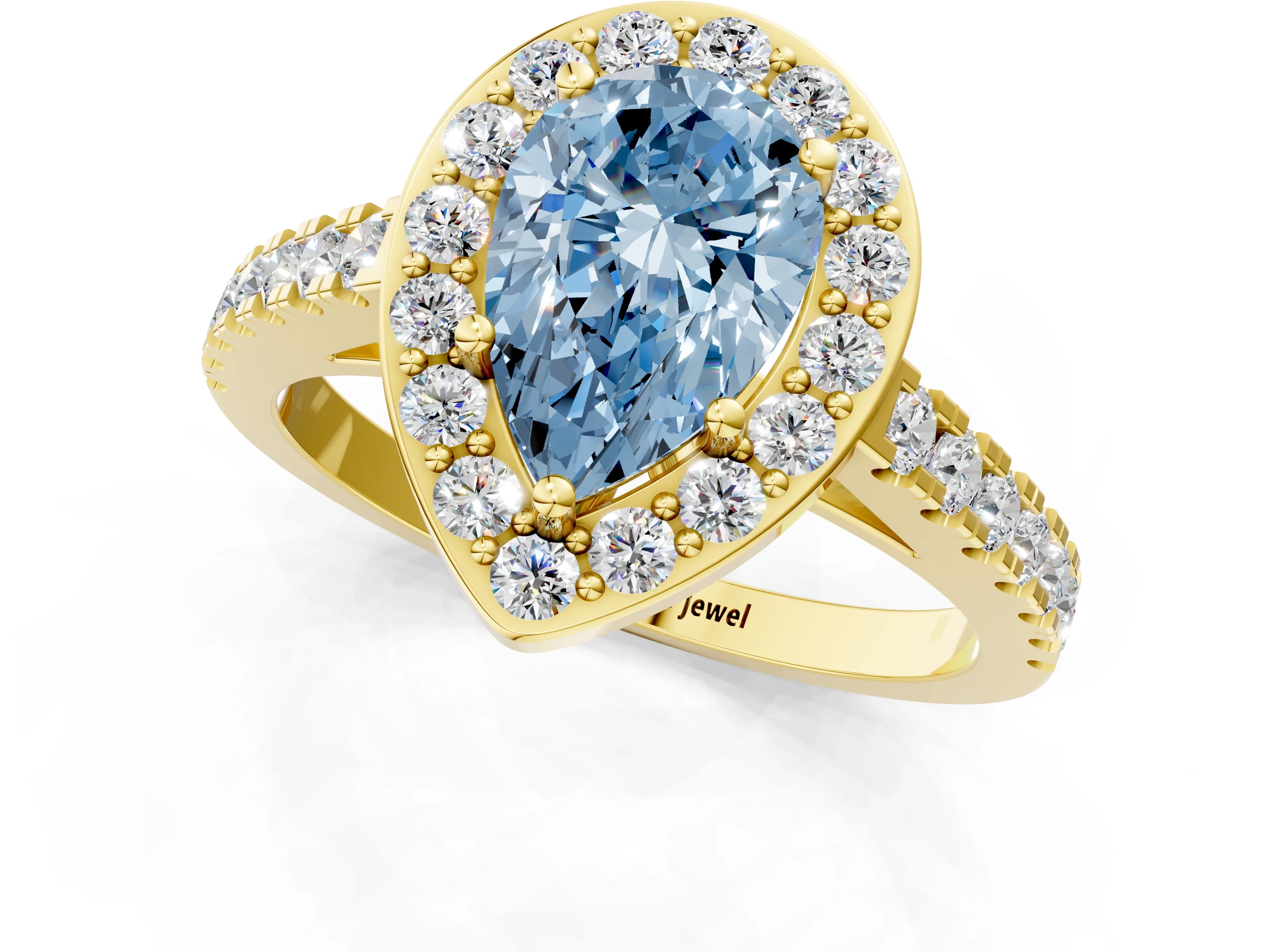Yellow gold Fancy Blue Pear Cut Halo Diamond Ring with Pavé Band and Three-Prong Setting_1