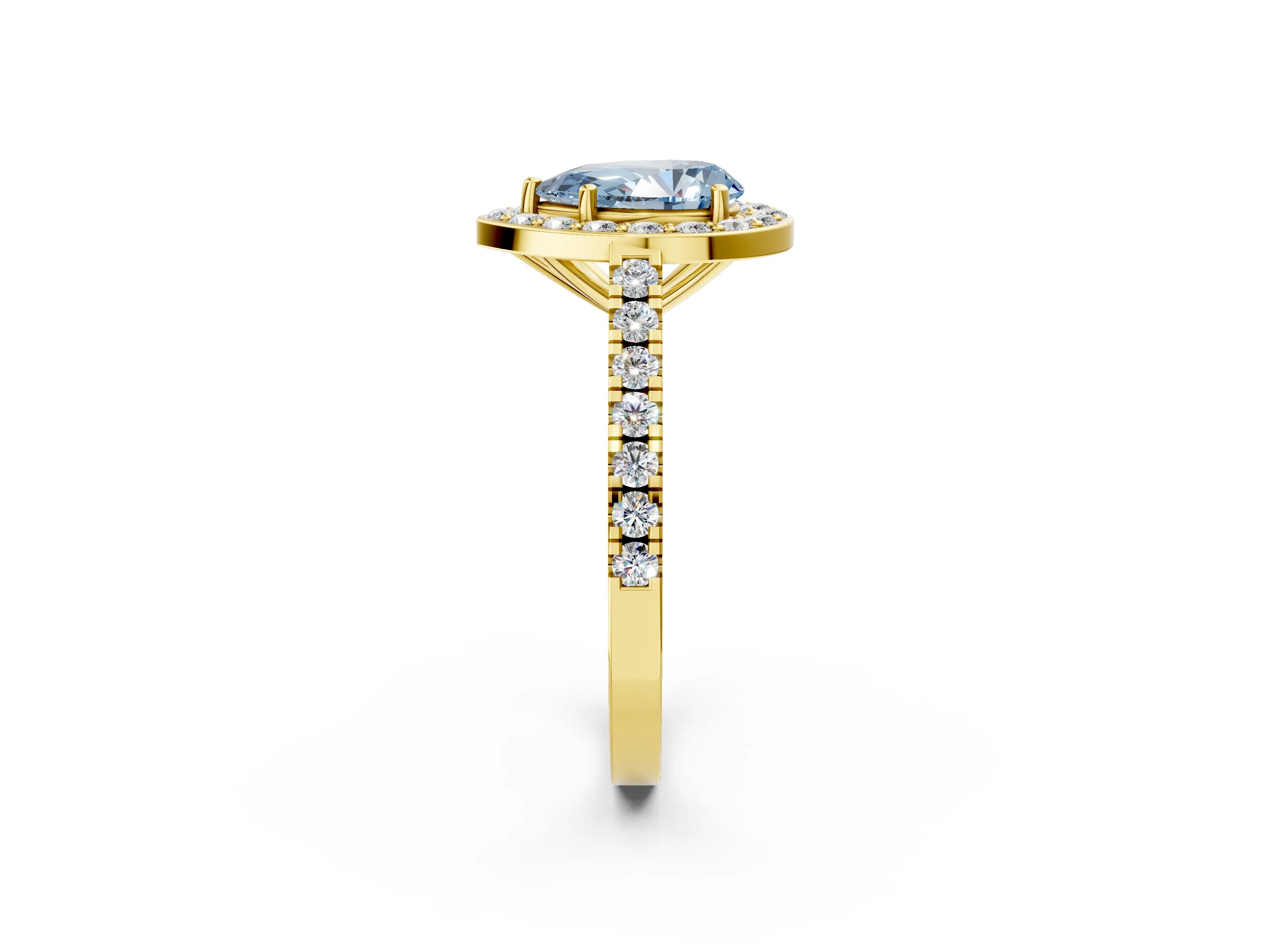 Yellow gold Fancy Blue Pear Cut Halo Diamond Ring with Pavé Band and Three-Prong Setting_2