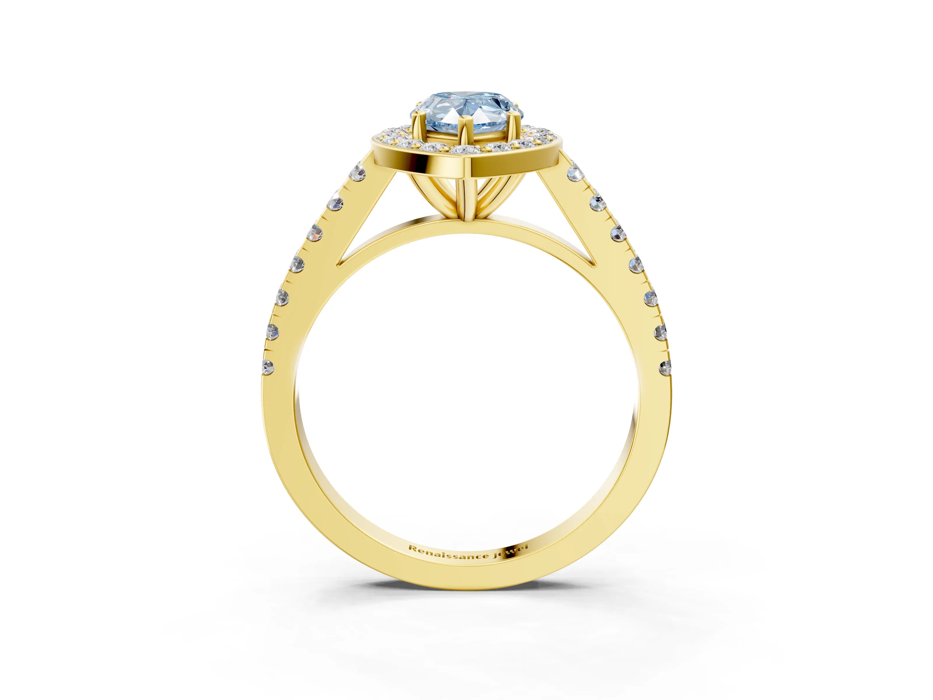 Yellow gold Fancy Blue Pear Cut Halo Diamond Ring with Pavé Band and Three-Prong Setting_3