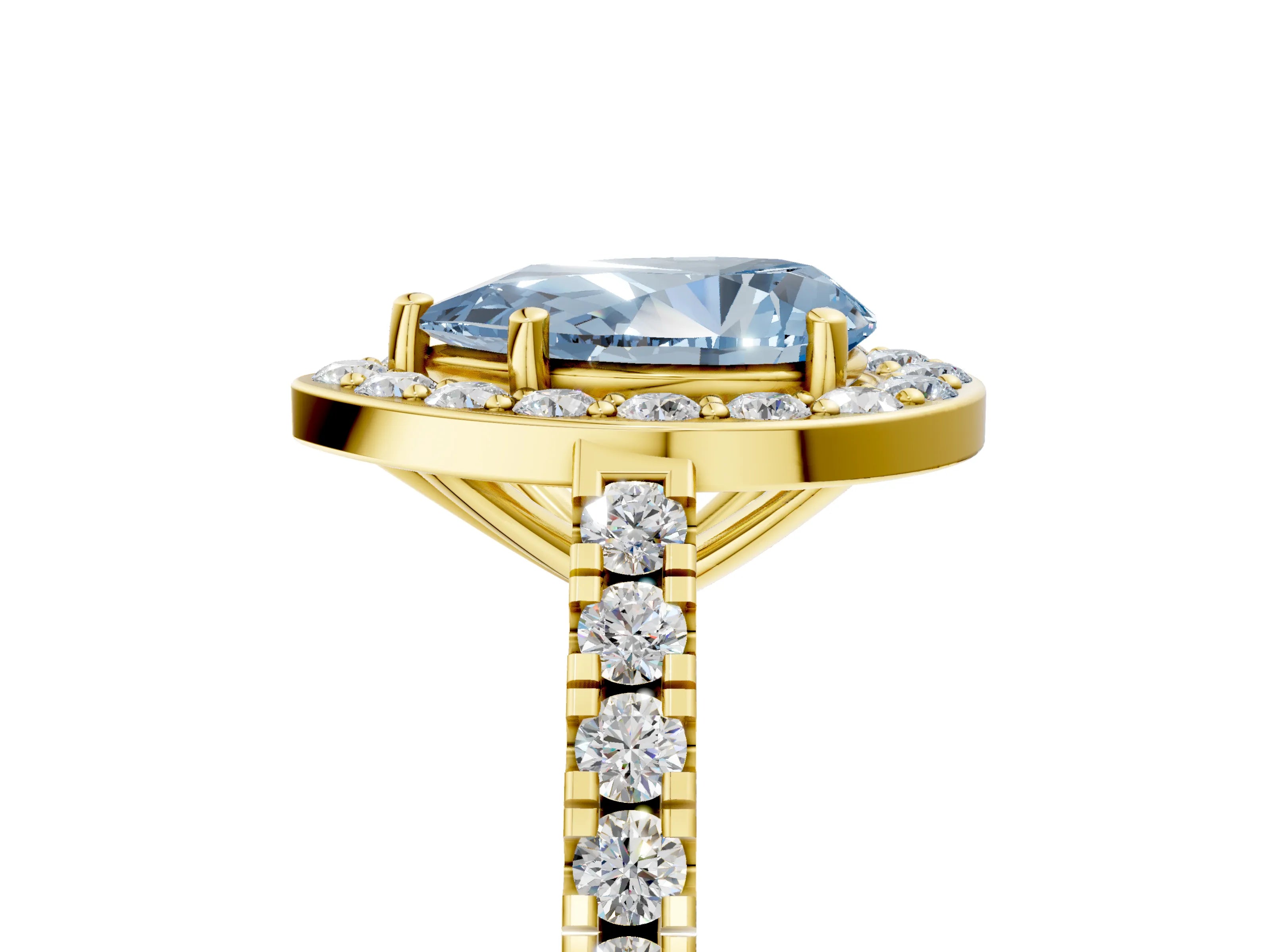 Yellow gold Fancy Blue Pear Cut Halo Diamond Ring with Pavé Band and Three-Prong Setting_5