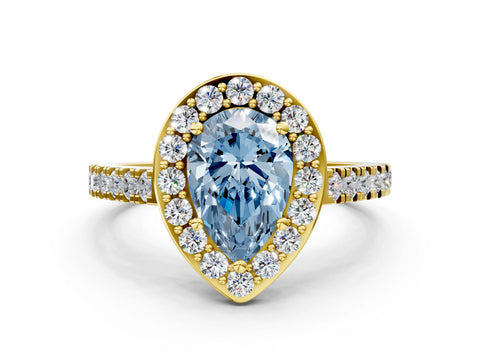Yellow gold Fancy Blue Pear Cut Halo Diamond Ring with Pavé Band and Three-Prong Setting