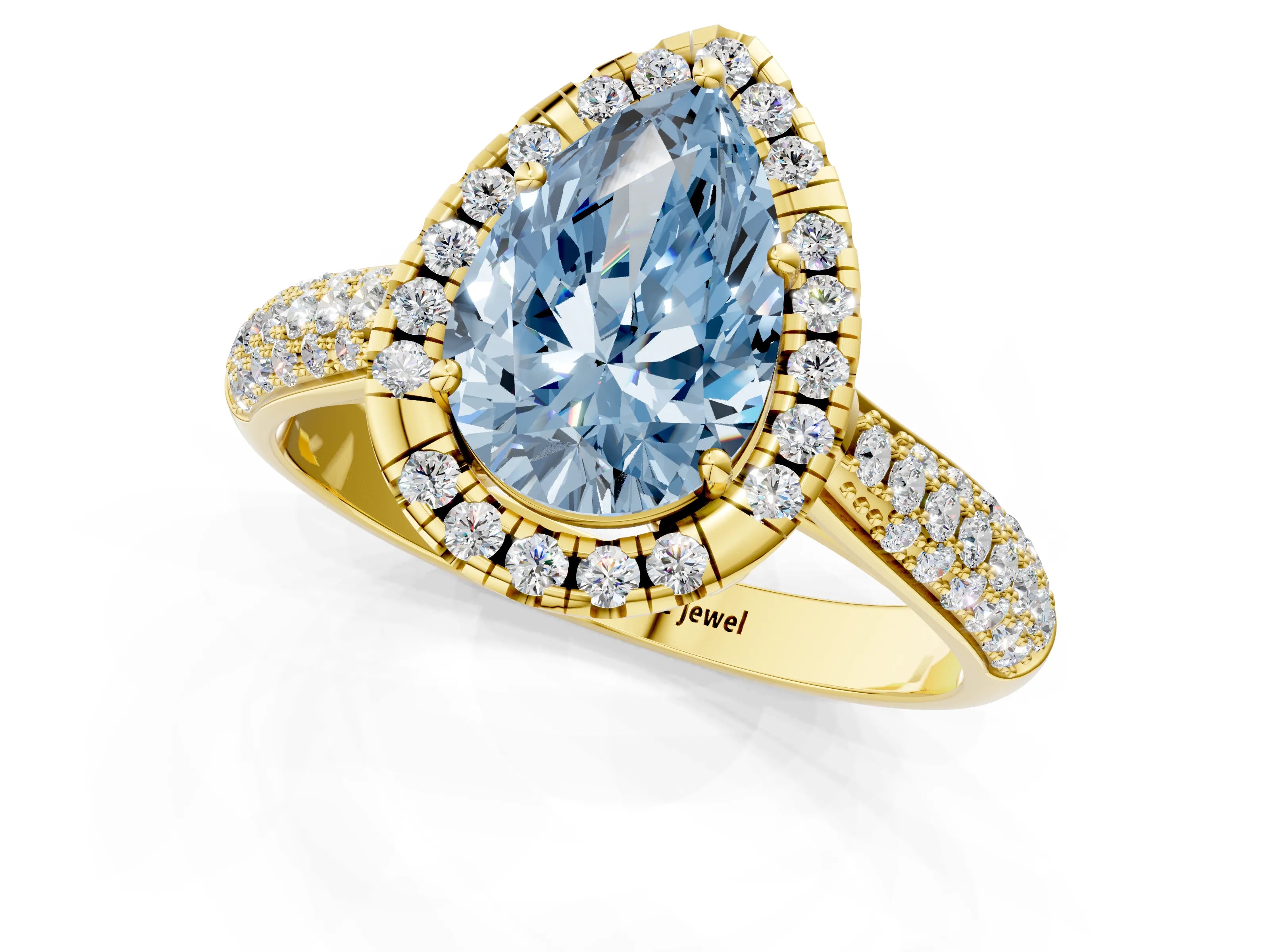 Yellow gold Fancy Blue Pear Cut Halo Diamond Ring with Pavé Band_1