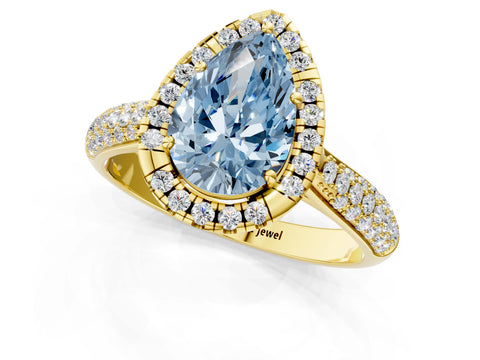 Yellow gold Fancy Blue Pear Cut Halo Diamond Ring with Pavé Band_1