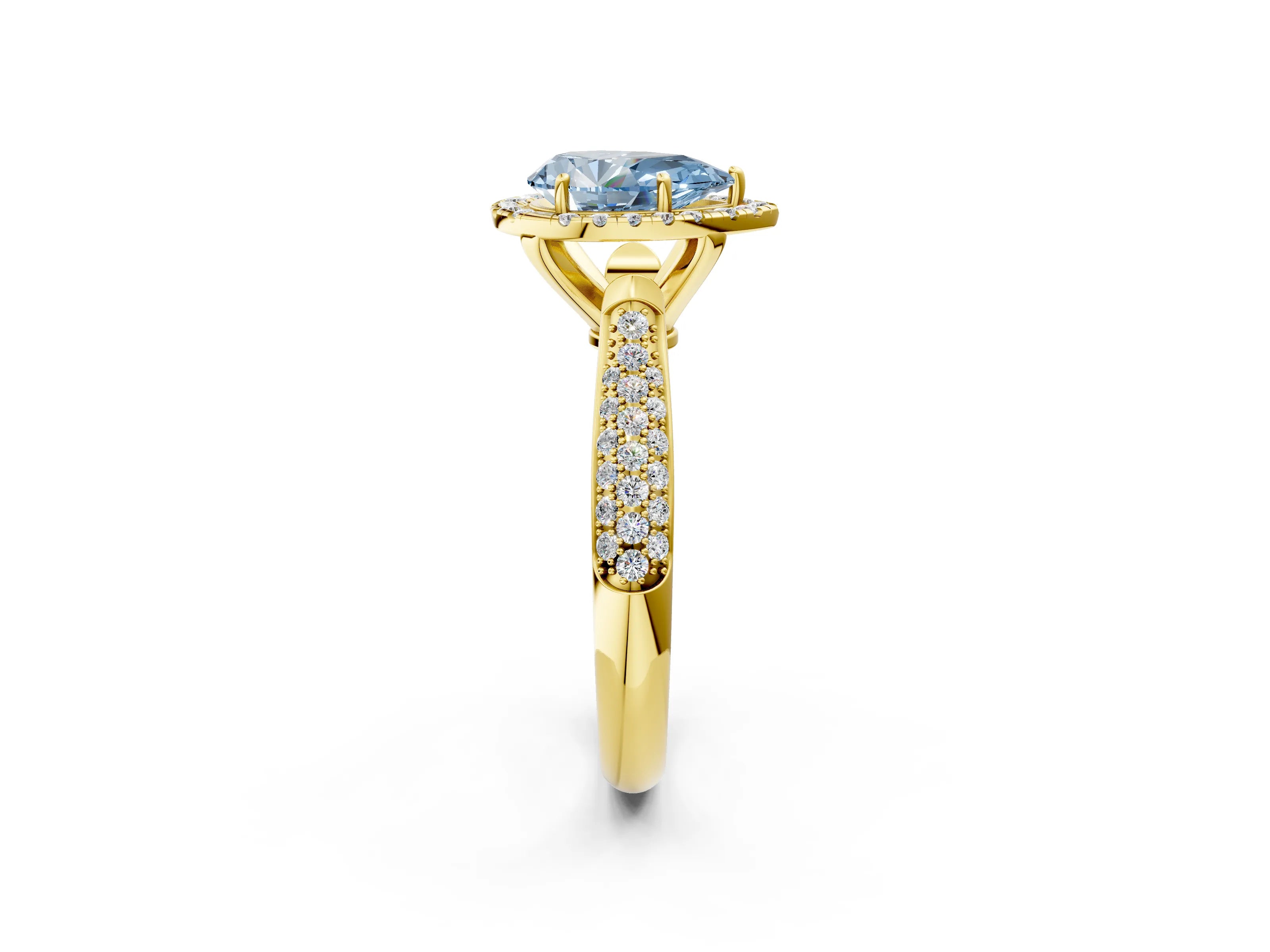 Yellow gold Fancy Blue Pear Cut Halo Diamond Ring with Pavé Band_2