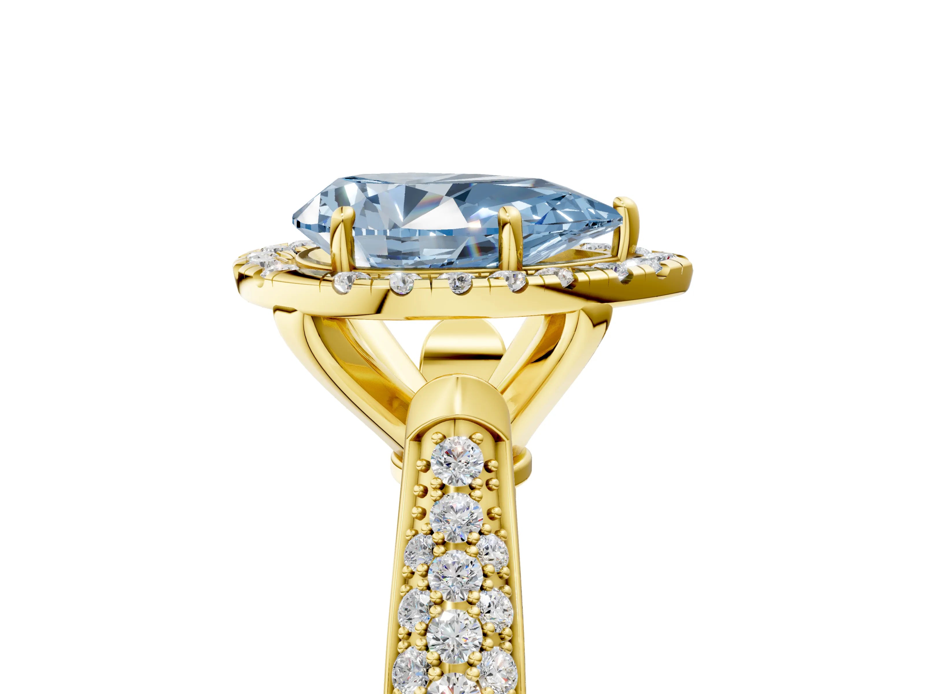 Yellow gold Fancy Blue Pear Cut Halo Diamond Ring with Pavé Band_5