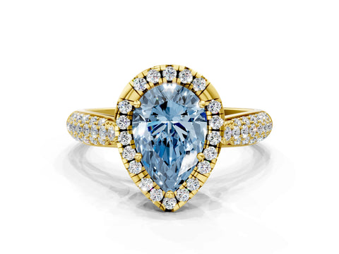 Yellow gold Fancy Blue Pear Cut Halo Diamond Ring with Pavé Band