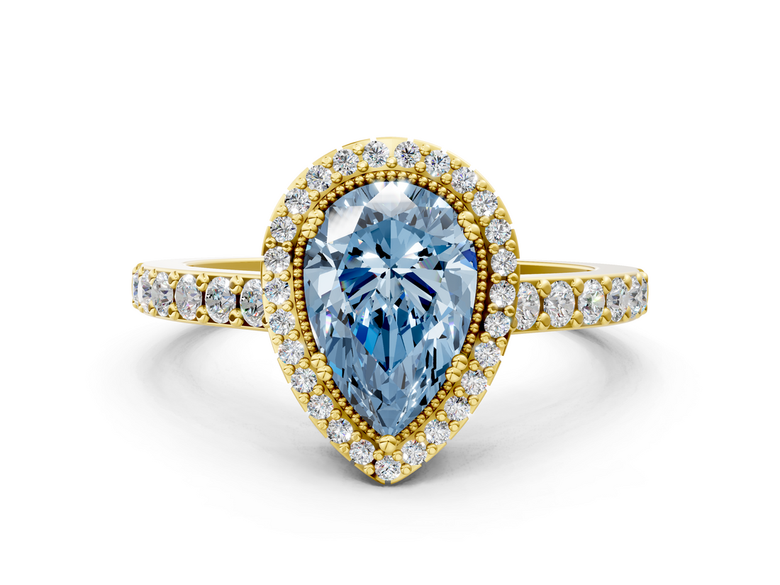 Yellow gold Fancy Blue Pear  Cut Halo Diamond Ring with Pave Band and Four-Prong Setting_24