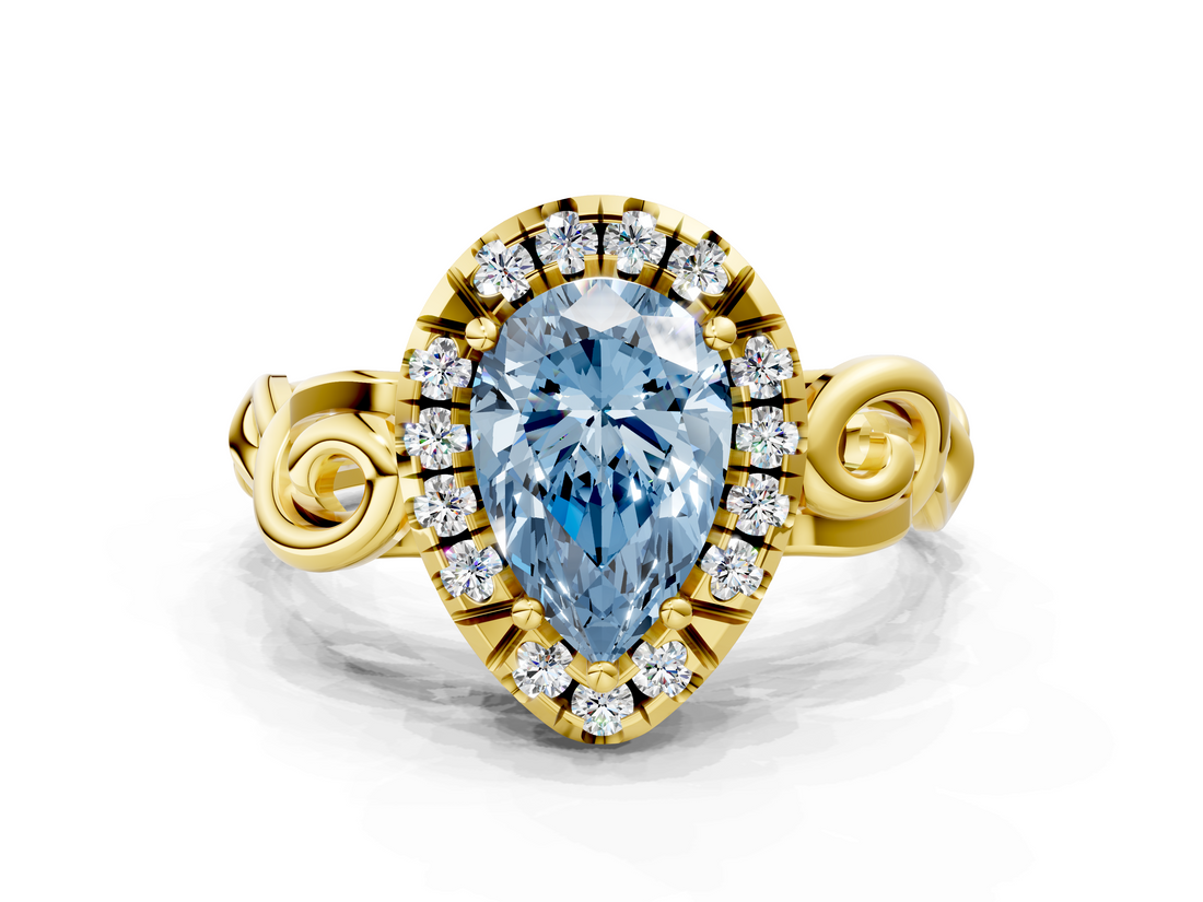 Yellow gold Fancy Blue Pear  Cut Halo Diamond Ring with Scrollwork Band and Four-Prong Setting_72