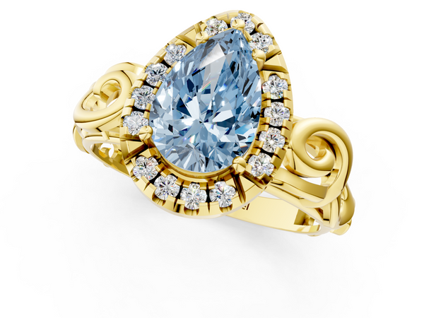 Yellow gold Fancy Blue Pear  Cut Halo Diamond Ring with Scrollwork Band and Four-Prong Setting