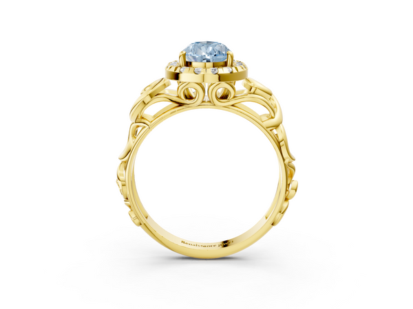 Yellow gold Fancy Blue Pear  Cut Halo Diamond Ring with Scrollwork Band and Four-Prong Setting