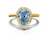 Yellow gold Fancy Blue Pear Cut Halo Diamond Ring with Solitaire Band and Prong Setting